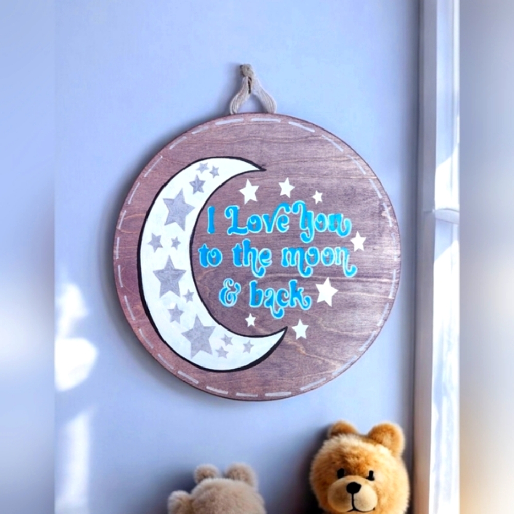 Wooden Wall Hanging with Moon and Stars Hand Painted